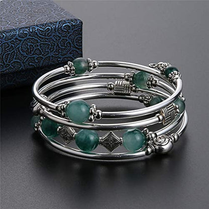Beaded Pearl Bangle Wrap Bracelet - Fashion Bohemian Jewelry Multilayer Charm Bracelet with Thick Silver Metal Beads, Gift For Women - color: Jade Green