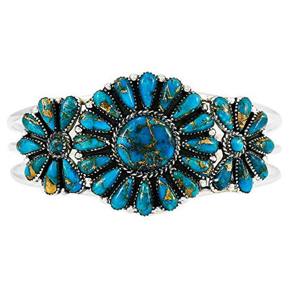 Southwest Style Genuine Gemstones 925 Sterling Silver Cluster Bracelet - color: Teal/Matrix Turquoise