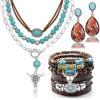 RechicGu Western Jewelry For Women Bohemian Turquoise Dangle Earrings Necklace Bracelet Set, Bullhead Pendant Layered Choker Boho Faux Leather Wristband Country Concert Cowgirl Accessories - color: Jewelry Set D