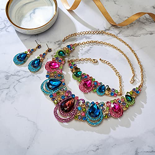 Women's Statement Jewelry Set for Wedding Prom Accessories | Shiny Teardrop Crystal Cluster Hollow Necklace Dangle Earrings Chain Bracelet Set for Bride Bridesmaid - color: Multi Colour Gold-Tone