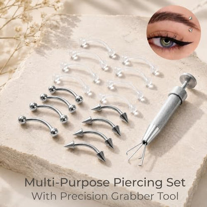 14/16G Eyebrow Piercing Jewelry Set with Tool, Stainless Steel Curved Barbells with Clear Piercing Retainers for Surgery, Ball & Spike Ends, 6/8/10/12mm Eyebrow Rings for Women Men - color: Silver-16pcs-16G