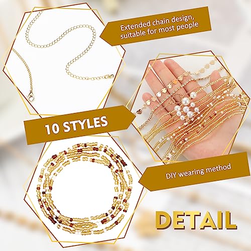 Lenwen 10 Pcs Summer Beach Belly Chain Adjustable Waist Multi Layered Chain Waist Jewelry for Women Girls Multilayer Body - color: Gold, style: Cute Style