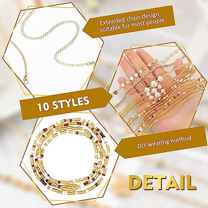 Lenwen 10 Pcs Summer Beach Belly Chain Adjustable Waist Multi Layered Chain Waist Jewelry for Women Girls Multilayer Body - color: Gold, style: Cute Style