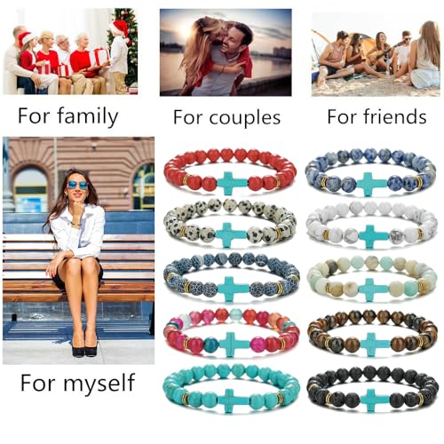 Beaded Bracelets Cross Bracelet for Women Men Lava Rock Turquoise Tiger Eye Natural Bracelet Anxiety Healing - color: 10 Pcs- green cross