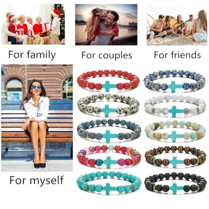Beaded Bracelets Cross Bracelet for Women Men Lava Rock Turquoise Tiger Eye Natural Bracelet Anxiety Healing - color: 10 Pcs- green cross