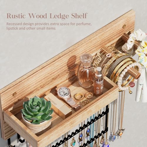 Lolalet Wall Mounted Hanging Jewelry Organizer, 15 Hooks Wooden Necklaces Holder with Storage Shelf, Easy Install Earrings Bracelets Hanger -Light Brown - color: Light Brown