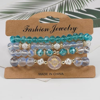Boho Beaded Bracelet Set for Women - 4 Pcs Multilayer Stackable Crystal Glass Bead Bracelets with Faux Pearl Elastic Stretch Fashion Jewelry for Daily Wear, Beach, Party & Gifts - color: Green