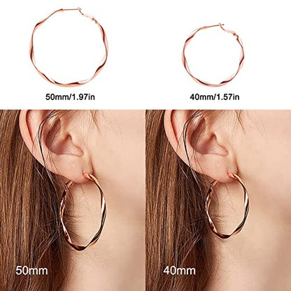 24K Gold Hoop Earrings for Women Trendy Real Gold Plated Twisted Thin Huggie Hoops, Dainty Cute Big Gold Filled Dangle Hoop Earrings Nickel Free Womens Earrings for Sensitive Ears Hypoallergenic - style: Rose Gold 40mm