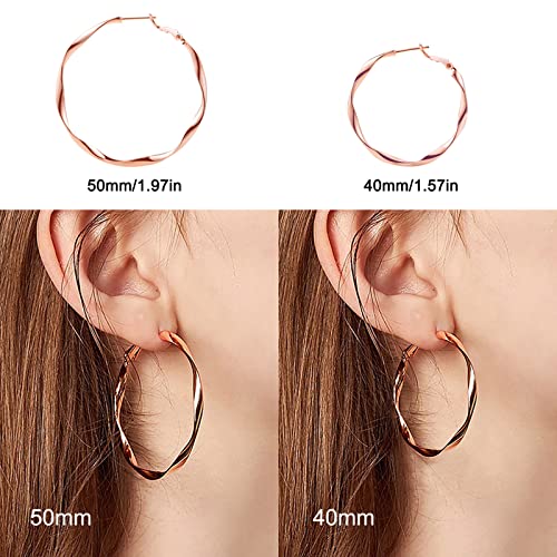 24K Gold Hoop Earrings for Women Trendy Real Gold Plated Twisted Thin Huggie Hoops, Dainty Cute Big Gold Filled Dangle Hoop Earrings Nickel Free Womens Earrings for Sensitive Ears Hypoallergenic - style: Rose Gold 50mm