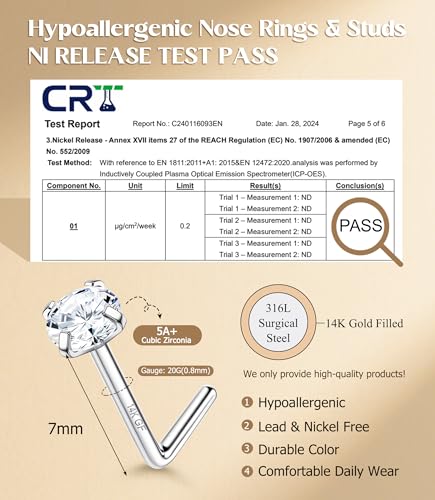 MILACOLATO 14K Gold Filled Nose Ring Studs 20G Nose Ring Hoops Hypoallergenic 316L Surgical Stainless Steel Nose Rings L Shaped CZ Nose Nostril Piercing Jewelry for Women Men 10Pcs - color: Sliver