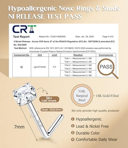 MILACOLATO 14K Gold Filled Nose Ring Studs 20G Nose Ring Hoops Hypoallergenic 316L Surgical Stainless Steel Nose Rings L Shaped CZ Nose Nostril Piercing Jewelry for Women Men 10Pcs - color: Sliver