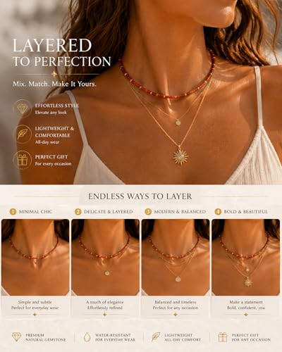 Natural Heishi Gemstone Choker Necklace for Women, Adjustable 15"+2" Beaded Layering Necklace, Coastal Beach Jewelry Gift for Her - color: Carnelian