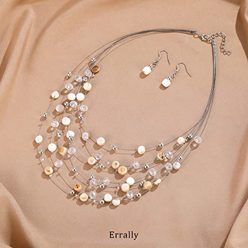 Multi-Layer Boho Shell Beaded Necklace for Women Colorful Crystal Strand with Silver Beads Statement Collars Necklace and Earrings Costumes Jewelry Sets for Women - color: Natural