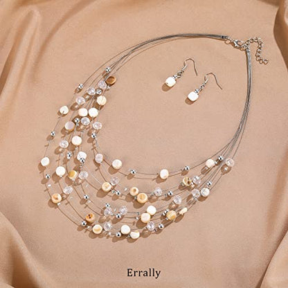 Multi-Layer Boho Shell Beaded Necklace for Women Colorful Crystal Strand with Silver Beads Statement Collars Necklace and Earrings Costumes Jewelry Sets for Women - color: Natural
