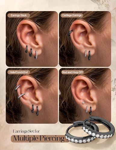 Jstyle Small Gold Hoop Earrings for Women, CZ/Plain Hoops Earring Stacks | Hypoallergenic Earing Hoops for Sensitive Ears, Secure Clasps, Huggie Earrings Stack Set for Cartilage, 14K Gold/Silver/Black - color: Black Tone