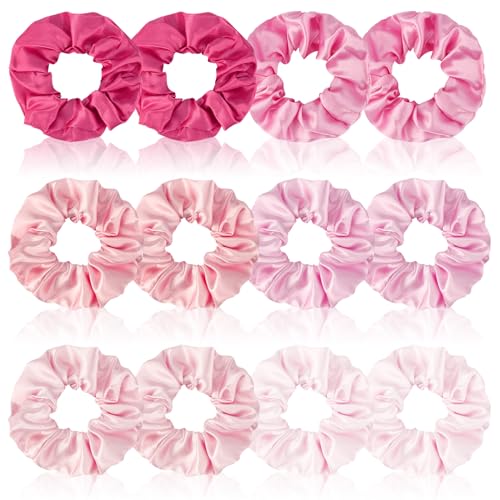 Satin Scrunchies Set of 12 - Elastic Silk Bubble for Girls, Pink Hair Accessories and Valentine's Day Gifts - color: Pink