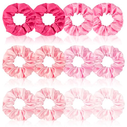 Satin Scrunchies Set of 12 - Elastic Silk Bubble for Girls, Pink Hair Accessories and Valentine's Day Gifts - color: Pink