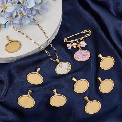 1 Box 10Pcs Oval Cabochon Settings Gold Stainless Steel Bezel 18 x 25mm Metal Photo Cameo Resin Cabochons Blanks Trays Pendant Base Charms for Jewelry Making Earrings Necklaces DIY Crafts - style: gold flattened round