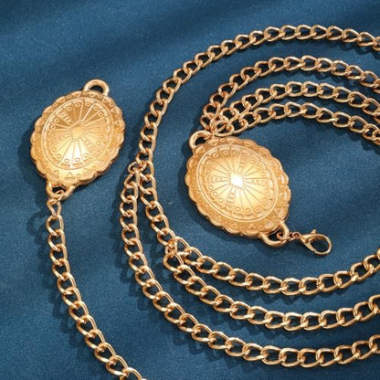 Chain Belt for Women Fashion Multilayer Metal Waist Chain Dress Belt Adjustable - size: Fit Waist Up to 53'', style: Gold-D