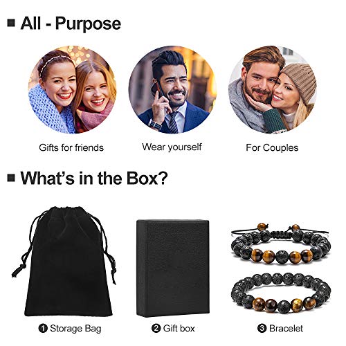 M MOOHAM Mens Bracelet - Beaded Natural Stone 8mm Tiger Eye Matte Agate Lava Rock Bracelets for Men Teen Boys Grandpa Dad Birthday Gifts Jewelry - style: Lava Rock&Yellow Tiger Eye Bracelets