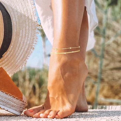 Double Layer Gold Anklet Set for Women Simple Silver Bead Minimalist Foot Jewelry Adjustable Chain Beach Accessories - style: A Gold Style
