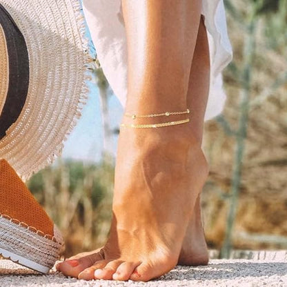 Double Layer Gold Anklet Set for Women Simple Silver Bead Minimalist Foot Jewelry Adjustable Chain Beach Accessories - style: A Gold Style