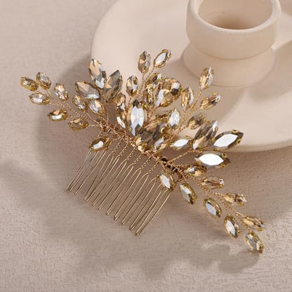 Teyglen Champagne Teardrop Crystal Hair Comb Bride Rhinestone Wedding Hair Comb Bridal Hair Piece Hair Accessories for Women Wedding Headpiece(Champagne) - color: Champagne