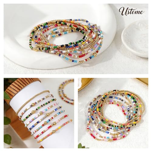 Colorful Stackable Rice Small Mini Seed Beaded Bracelets Set For Women, Handmade Dainty Boho Gold Glass Stretch Accessories Jewelry,Summer Beach Party Daily Friendship Gift - color: Rainbow175