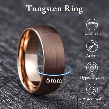 King Will Wedding Band for Men Women, 2/4/6/7/8mm Domed Matte Brushed Tungsten Carbide Rings, Solid/Dual Color Engagement Rings, Comfort Fit - color: Brown-8mm