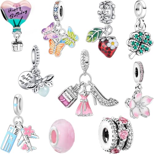 10 Pack Silver Bead Charms Compatible with Charms Bracelet Necklace, Silver Charms for Bracelets for Women, the Pendant Dangle Beads with Cubic Zirconias Are the Perfect Jewelry Gift for Women, Ideal for Christmas, Birthdays, Mother's Day, and Valentine's