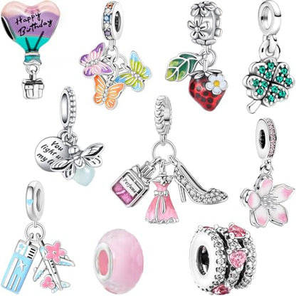 10 Pack Silver Bead Charms Compatible with Charms Bracelet Necklace, Silver Charms for Bracelets for Women, the Pendant Dangle Beads with Cubic Zirconias Are the Perfect Jewelry Gift for Women, Ideal for Christmas, Birthdays, Mother's Day, and Valentine's