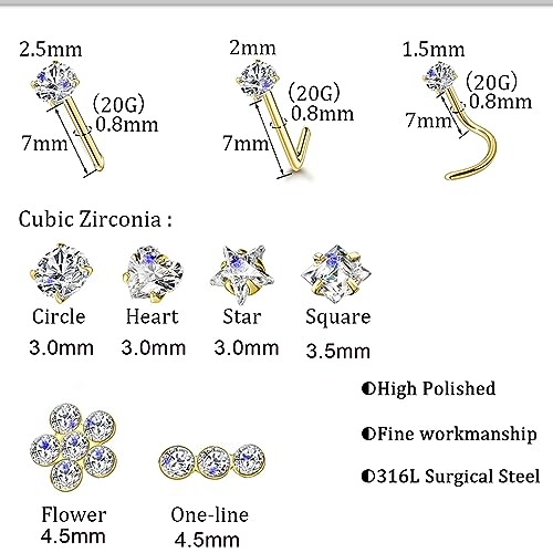 14k Gold Plated 316L Surgical Steel 22g/20g/18g Nose Rings Studs L-Shape Bone Screw Nostril Piercing 1.5mm 2mm 2.5mm 3mm 3.5mm 4.5mm CZ Nose Studs for Women - color: 20g 9pcs Bone Gold 316L Surgical Steel