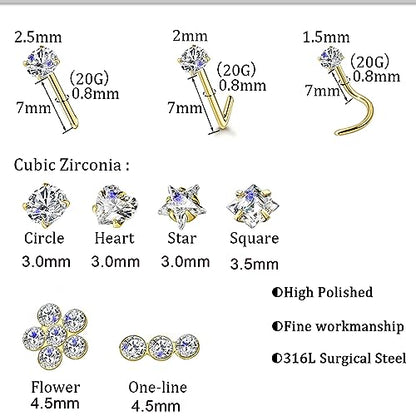 14k Gold Plated 316L Surgical Steel 22g/20g/18g Nose Rings Studs L-Shape Bone Screw Nostril Piercing 1.5mm 2mm 2.5mm 3mm 3.5mm 4.5mm CZ Nose Studs for Women - color: 20g 9pcs Bone Gold 316L Surgical Steel
