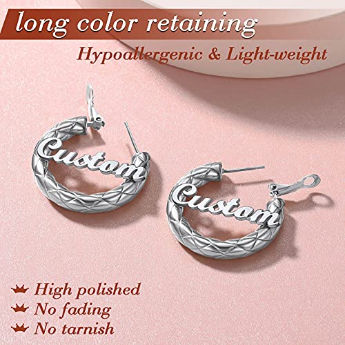 FindChic Chunky Hoop Earrings for Women, Silver/Black/14K Gold Plated Crossover Patterned Hollow Tube Rounded Loop Earrings, 30mm/40mm/60mm/80mm Hoops with Custom Name Options and Gift Box - color: e.Silver (Custom Name), size: 30MM
