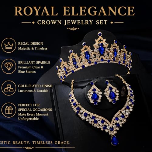 Tiaras and Crowns for Women,Tiaras Earrings Necklace, Crystal Bridal Jewelry Set - color: Blue