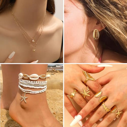 Boho Beach Jewelry Sets for Women | Summer Seashell Starfish Accessories, Necklace, Earrings, Rings Anklet - style: 27pcs Ocean Starfish Beach Set