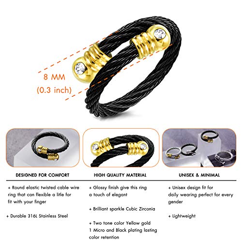555Jewelry Stainless Steel Twisted Cable CZ Adjustable Open Ring for Women & Ladies - color: Black & Gold