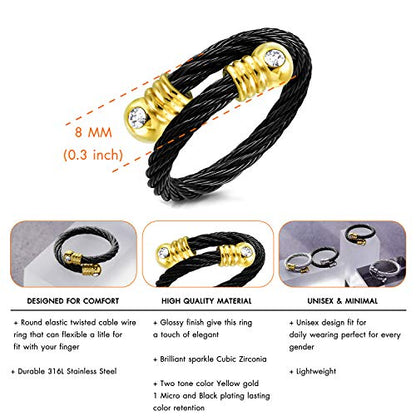 555Jewelry Stainless Steel Twisted Cable CZ Adjustable Open Ring for Women & Ladies - color: Black & Gold