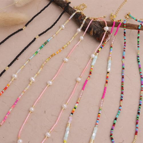 Gold Seed Beaded Necklaces for Women, Boho Handmade Adjustable Colorful Beads Choker Summer Beach Jewelry Gift. - color: Turquoise