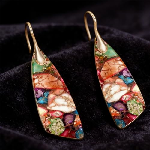 Boho Natural Imperial Jasper Teardrop Dangle Earrings for Women – Hypoallergenic French Hook Stone Drop Earrings Jewelry - color: Colorful Golden Hook