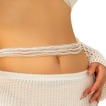 8Pcs Colorful Beads Waist Chain Sets Summer Beach Multi-layered Beaded Belly Chain Sexy Bikini Elastic Adjustable Waist Body Chain Beads Body Accessories Jewelry for Women - style: White