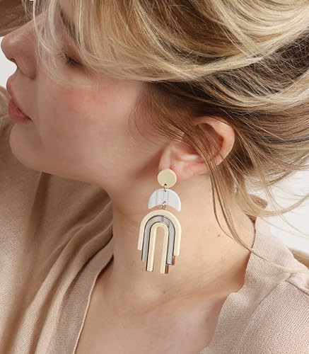 Ozel - Natural Wooden Acrylic Boho Drop Dangle Earrings for Women - Geometric Statement Jewellery - Brown, Black, Magent Red, Olive Green, White beige - color: Arch_White beige