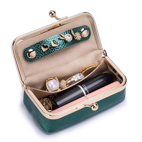 Genuine Leather Travel Jewelry Box, Mini Jewelry Organizer Case with Mirror for Women, Small Lipstick Bag for Purse, Cute Portable Gift for Her women giril (Green, Lridescent) - color: Green, size: B