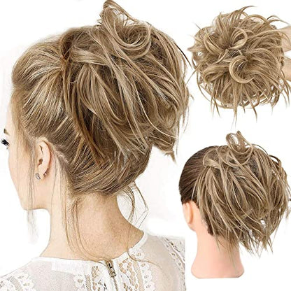 HMD Tousled Updo Messy Bun Hair Piece Ponytail Hairpieces for Women | Synthetic Hair Extension Ponytail with Elastic Rubber Band, Updo Hairpiece Hair Bun Scrunchies for Women Daily Party - color: 12H24(Light Brown Mix Natural Blonde)