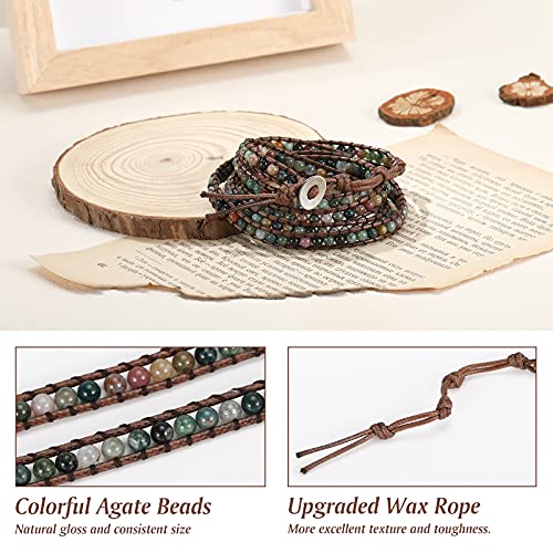 Emibele Layered Leather Bracelet, Rivet Leopard Print Bohemian Style Multilayer Wrap Bracelet, Handmade Agate Amethyst Chakra Crystal Glass Beaded Shell Bracelet for Women - color: Agate green