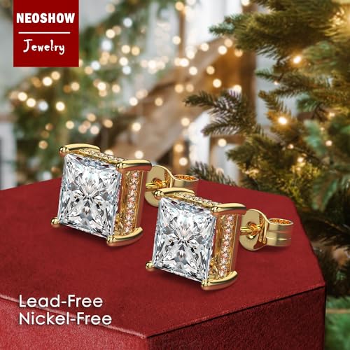 Princess Cut Cubic Zirconia Stud Earrings for Men Women | Square CZ Simulated Diamond Studs, 18K White Gold Plated Sterling Silver, Hypoallergenic - color: Gold, size: 8MM