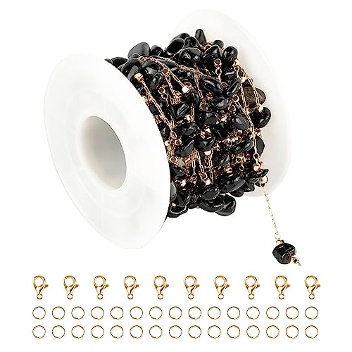 KYUNHOO Black Natural Stone Jewelry Chains Bulk Gold Plated Craft Chain | 16.4 Feet Irregular Stones Chains for Jewelry Making Brass Gold Chain for Necklace Bracelet DIY - color: Natural Stone-Black