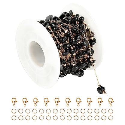 KYUNHOO Black Natural Stone Jewelry Chains Bulk Gold Plated Craft Chain | 16.4 Feet Irregular Stones Chains for Jewelry Making Brass Gold Chain for Necklace Bracelet DIY - color: Natural Stone-Black