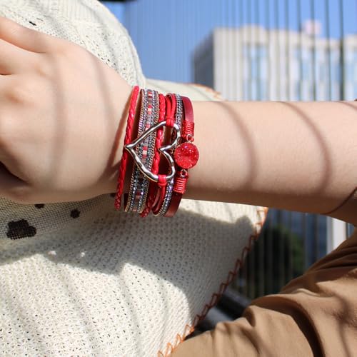 Womens Love Heart Leather Wrap Bracelet Multi-layer Stacked Bangle | Magnetic Clasp Soft PU Leather Resin Stone Rhinestone Boho Style Birthday Valentine Christmas Bohemian Jewelry Gift - color: Red