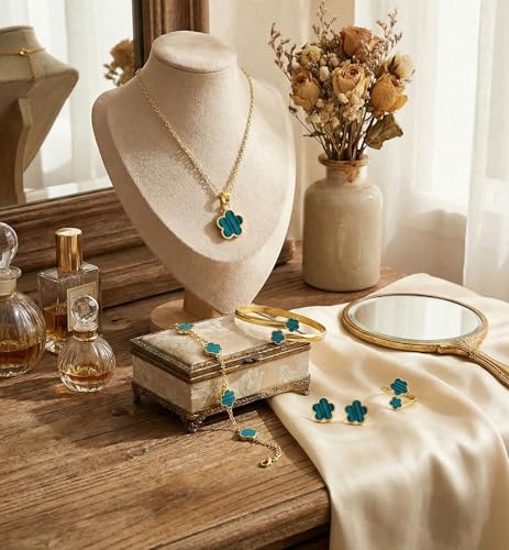 Clover Jewelry Set for Women Non Tarnish Gold-Tone Five Leaf Clover Necklace, Earrings, Ring, Bracelet Fashion Simple Floral Jewelry Set - color: Green